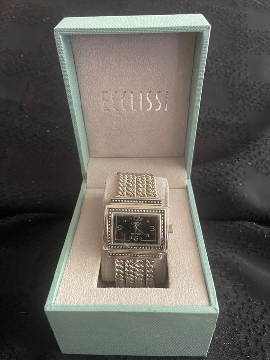 ECLISSI Silver-Tone Women\'s Rectangular Bracelet Watch - Black Dial